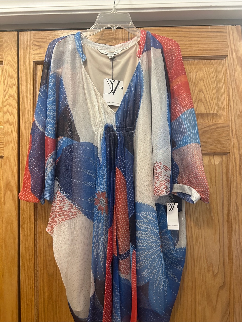 Diane Von Furstenberg Blue Red Cream Floral V-Neck Maxi Dress